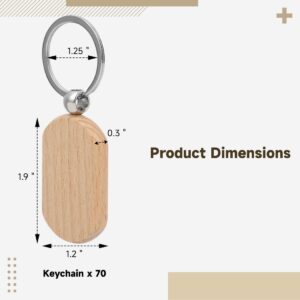 70 PCS Wooden Keychains, Engraving Blanks Wooden Blank Keychains, Wood Key Chain Bulk, Wooden Key Ring Key Tag for DIY Gift Crafts