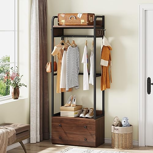 LITTLE TREE 75 inch Tall Freestanding Closet Organizer Small Clothes Rack Coat Rack with Drawers and Shelves, Heavy Duty Small Garment Rack Industrial Hall Tree for Hallway Entryway Bedroom