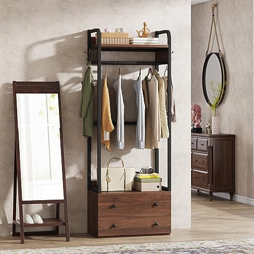 LITTLE TREE 75 inch Tall Freestanding Closet Organizer Small Clothes Rack Coat Rack with Drawers and Shelves, Heavy Duty Small Garment Rack Industrial Hall Tree for Hallway Entryway Bedroom