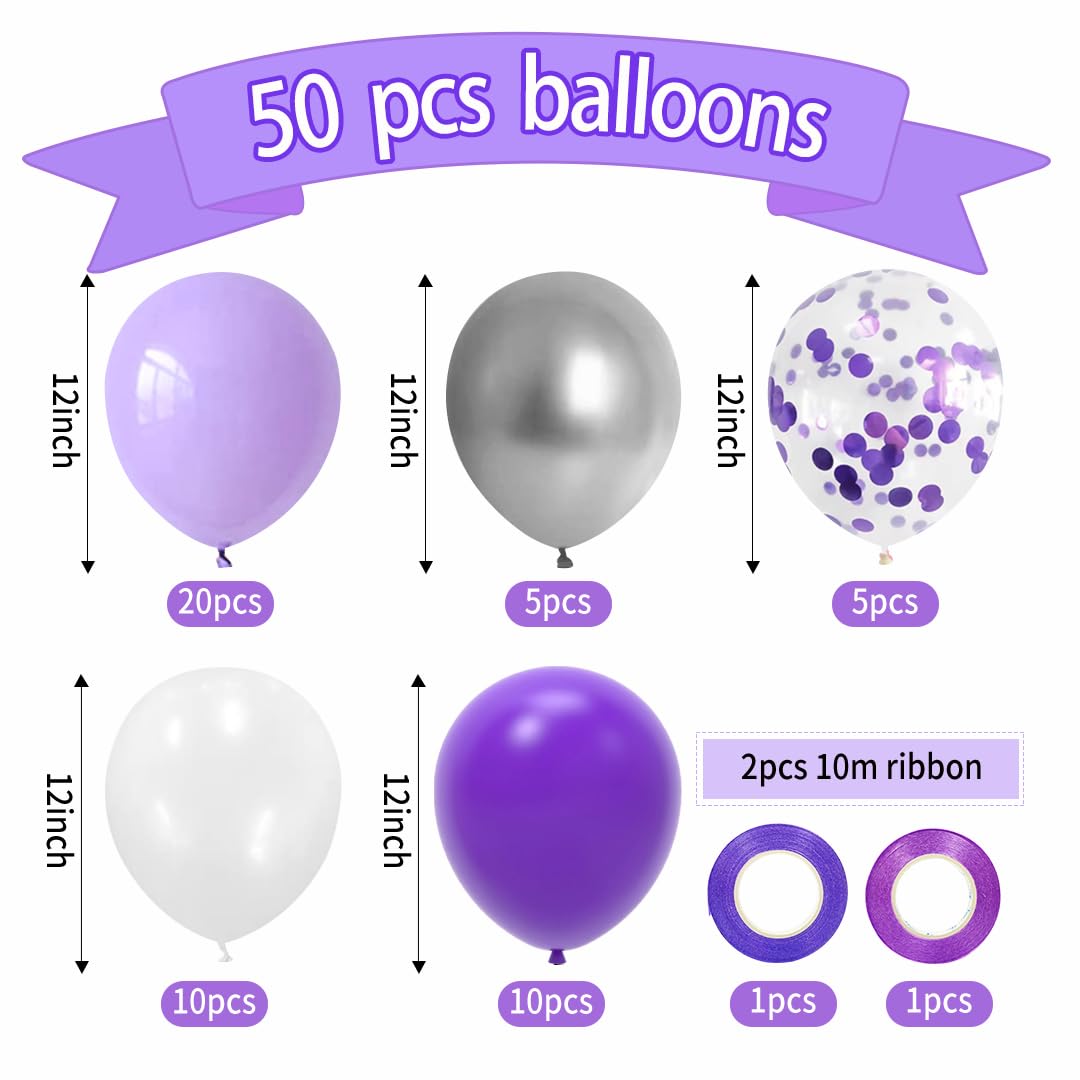 Msiveavz Purple White Party Balloons,Purple Balloons 50 Pcs 12 inch Purple and White Balloons Purple White Silver Latex Balloons For Wedding Baby Shower Birthday Party Decoration