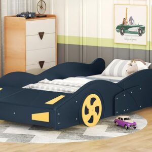 Twin Size Race Car-Shaped Platform Bed Frame for Boys Girls Kids Adults Toddler with Wheels and Storage, Dark Blue+Yellow