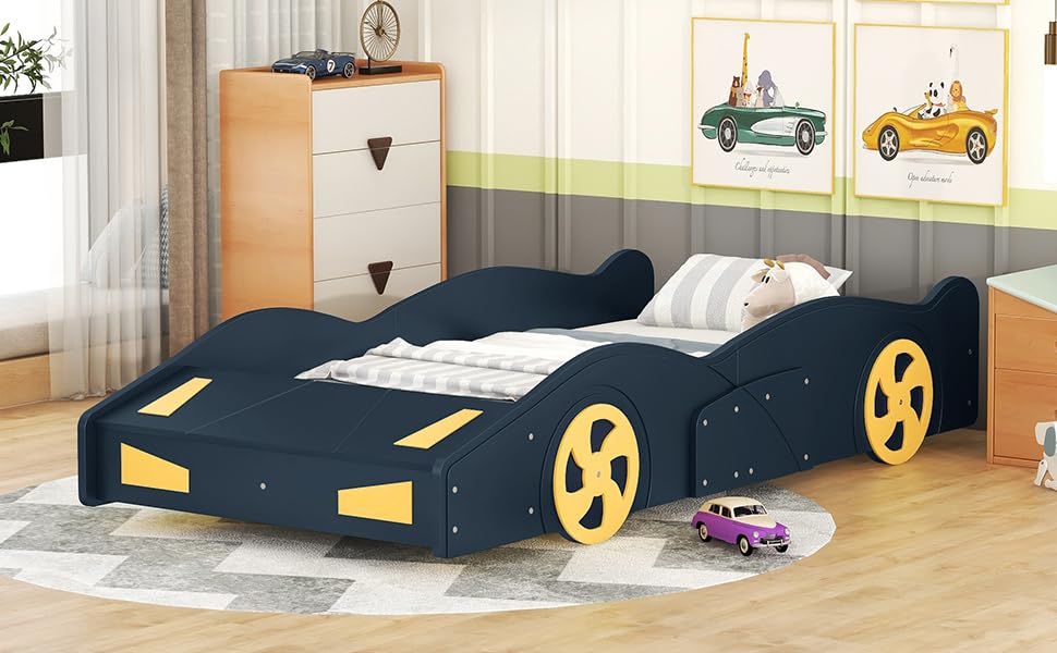 Twin Size Race Car-Shaped Platform Bed Frame for Boys Girls Kids Adults Toddler with Wheels and Storage, Dark Blue+Yellow