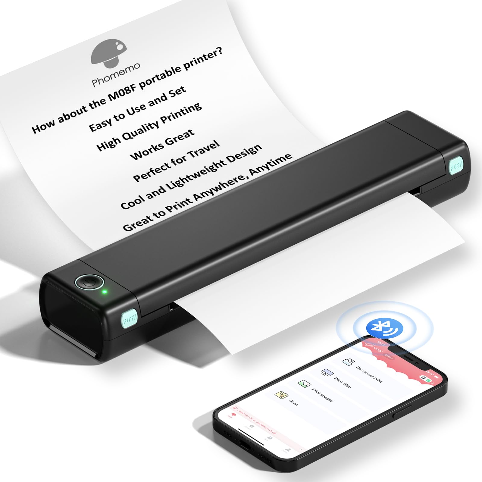 Phomemo Portable Printer Wireless for Travel, M08F Thermal Printer for Home Use Bluetooth Inkless Printer Support 8.5" X 11" Thermal Paper, Compact Printer Compatible with Android iOS Phone & Laptop