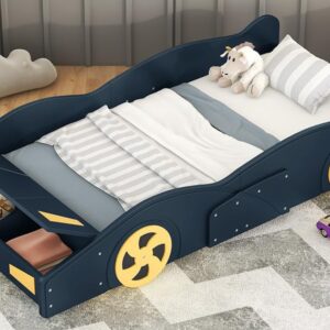 Twin Size Race Car-Shaped Platform Bed Frame for Boys Girls Kids Adults Toddler with Wheels and Storage, Dark Blue+Yellow