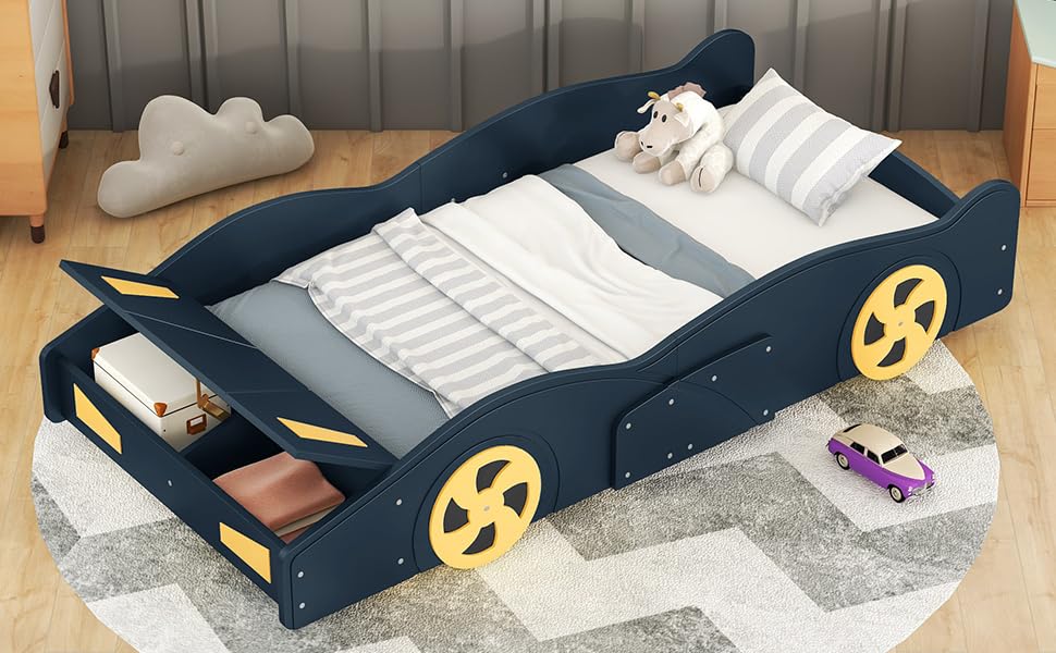 Twin Size Race Car-Shaped Platform Bed Frame for Boys Girls Kids Adults Toddler with Wheels and Storage, Dark Blue+Yellow