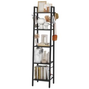 YMYNY 5 Tiers Ladder Bookcase, Industrial Narrow Bookshelf, Open Display Rack with 4 S Hooks, Metal Storage Shelves for Bedroom, Home Office, Living Room, Black, 63H*13.4L*11.8W, UHBC025B