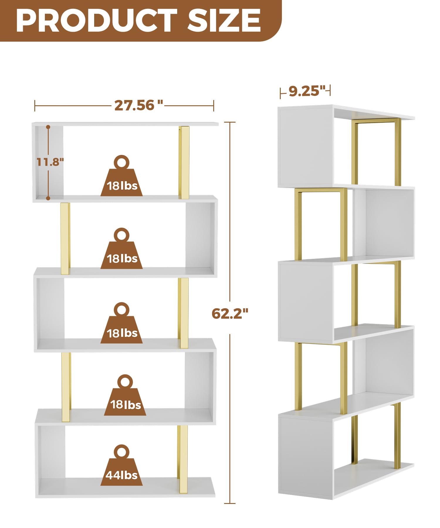 Gadroad 5 Tier Geometric Bookcase,S Shaped Bookshelf, Wood Decorative Storage Shelving, Modern Freestanding Display Shelves, Tall Book Shelf Unit for Living Room Bedroom, Gold