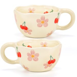 yopay 2 pack ceramic coffee mug, 8oz handmade hot chocolate mugs, cute cup for girl microwave safe, aesthetic tea milk cup with handle for latte, cocoa, gift, office, home (cherry flower)