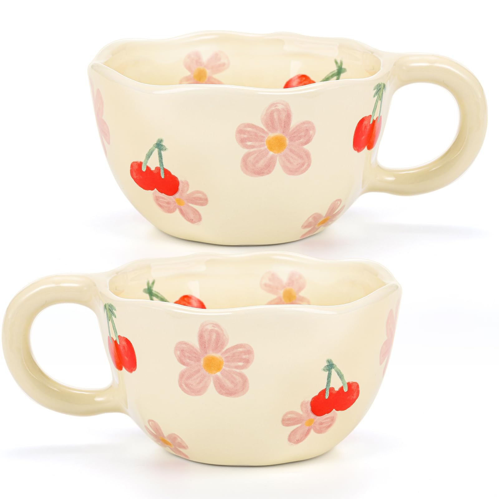 Yopay 2 Pack Ceramic Coffee Mug, 8oz Handmade Hot Chocolate Mugs, Cute Cup for Girl Microwave Safe, Aesthetic Tea Milk Cup with Handle for Latte, Cocoa, Gift, Office, Home (Cherry flower)