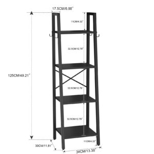 YMYNY 4 Tiers Ladder Bookcase, Industrial Narrow Bookshelf, Open Display Rack with 4 S Hooks, Metal Storage Shelves for Bedroom, Home Office, Living Room, Black, 49.2H*13.4L*11.8W, UHBC024B