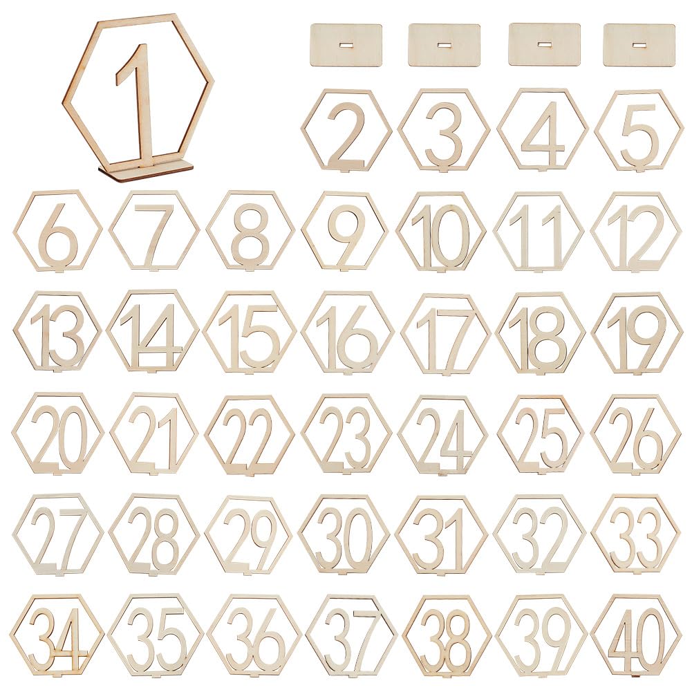 OLYCRAFT 40 Pcs Wooden Table Numbers Wooden Table Number Sign Stand 1~40 Wedding Table Numbers Wooden Hexagon Table Numbers Double Sided Sign for Wedding Party Table Card Stand Decoration