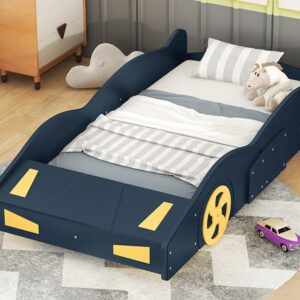 Twin Size Race Car-Shaped Platform Bed Frame for Boys Girls Kids Adults Toddler with Wheels and Storage, Dark Blue+Yellow