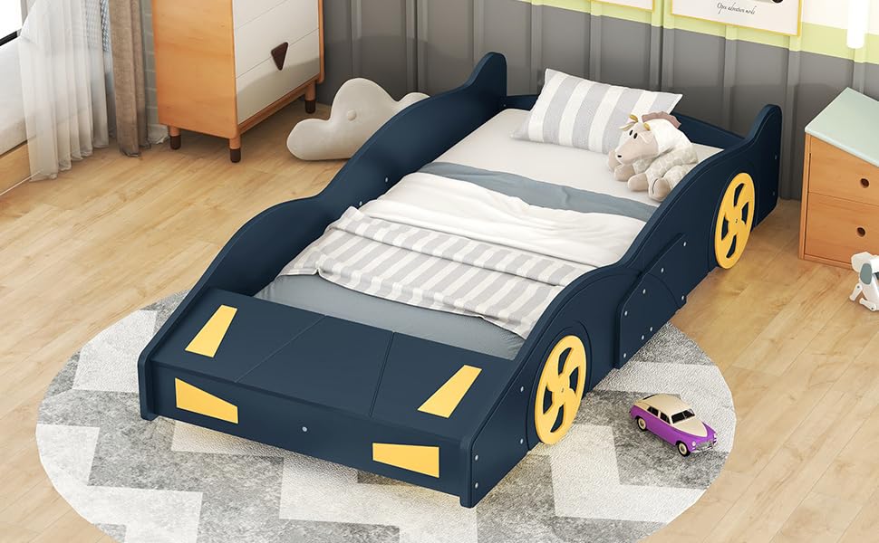 Twin Size Race Car-Shaped Platform Bed Frame for Boys Girls Kids Adults Toddler with Wheels and Storage, Dark Blue+Yellow