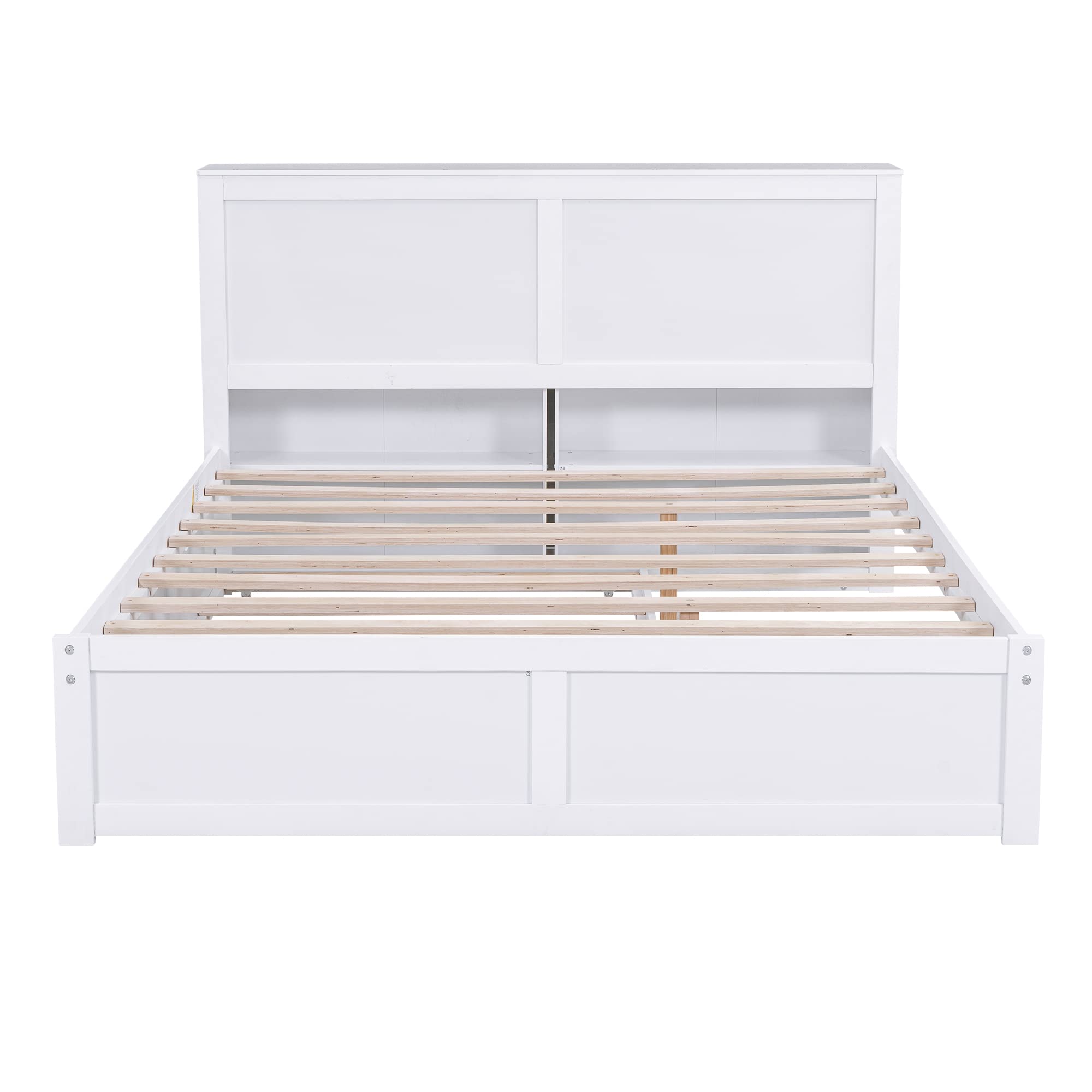 Queen Size Storage Bed with Trundle, Wood Platform Bed Frame with Storage Shelves Headboard and Twin Size Trundle Bed, Wooden Queen Beds for Kids Boys Girls Teens, White