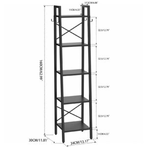 YMYNY 5 Tiers Ladder Bookcase, Industrial Narrow Bookshelf, Open Display Rack with 4 S Hooks, Metal Storage Shelves for Bedroom, Home Office, Living Room, Black, 63H*13.4L*11.8W, UHBC025B