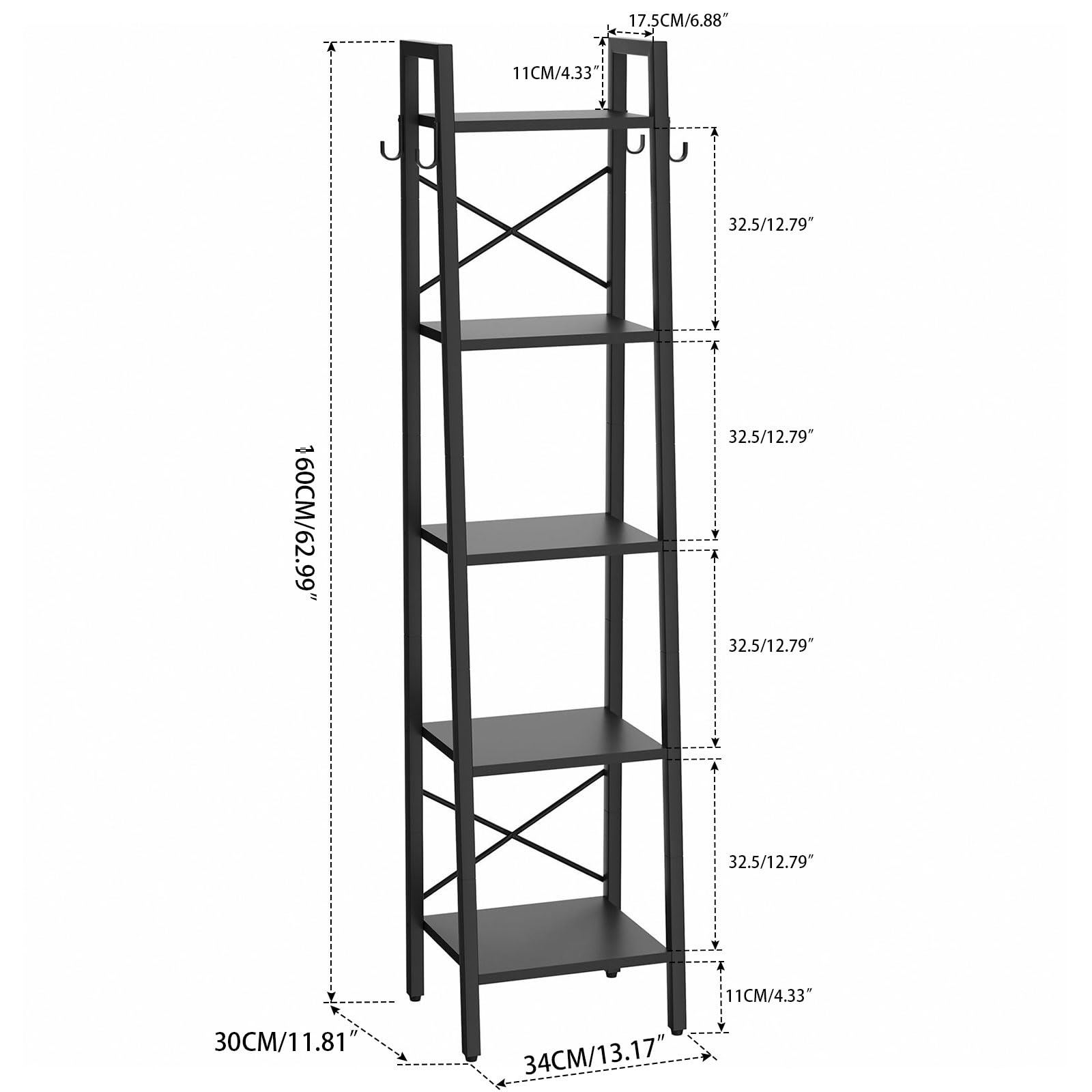 YMYNY 5 Tiers Ladder Bookcase, Industrial Narrow Bookshelf, Open Display Rack with 4 S Hooks, Metal Storage Shelves for Bedroom, Home Office, Living Room, Black, 63H*13.4L*11.8W, UHBC025B