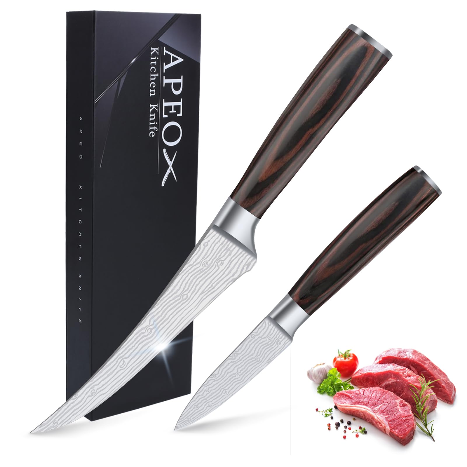 APEO Boning Knife Set of 6 inch Boning Knife and 3.5 inch Paring Knife, Super Sharp Fillet Knife For Fish and Meet Cutting, High Carbon Stainless Steel Butcher Knife with Pakkawood Handles, Gift Box