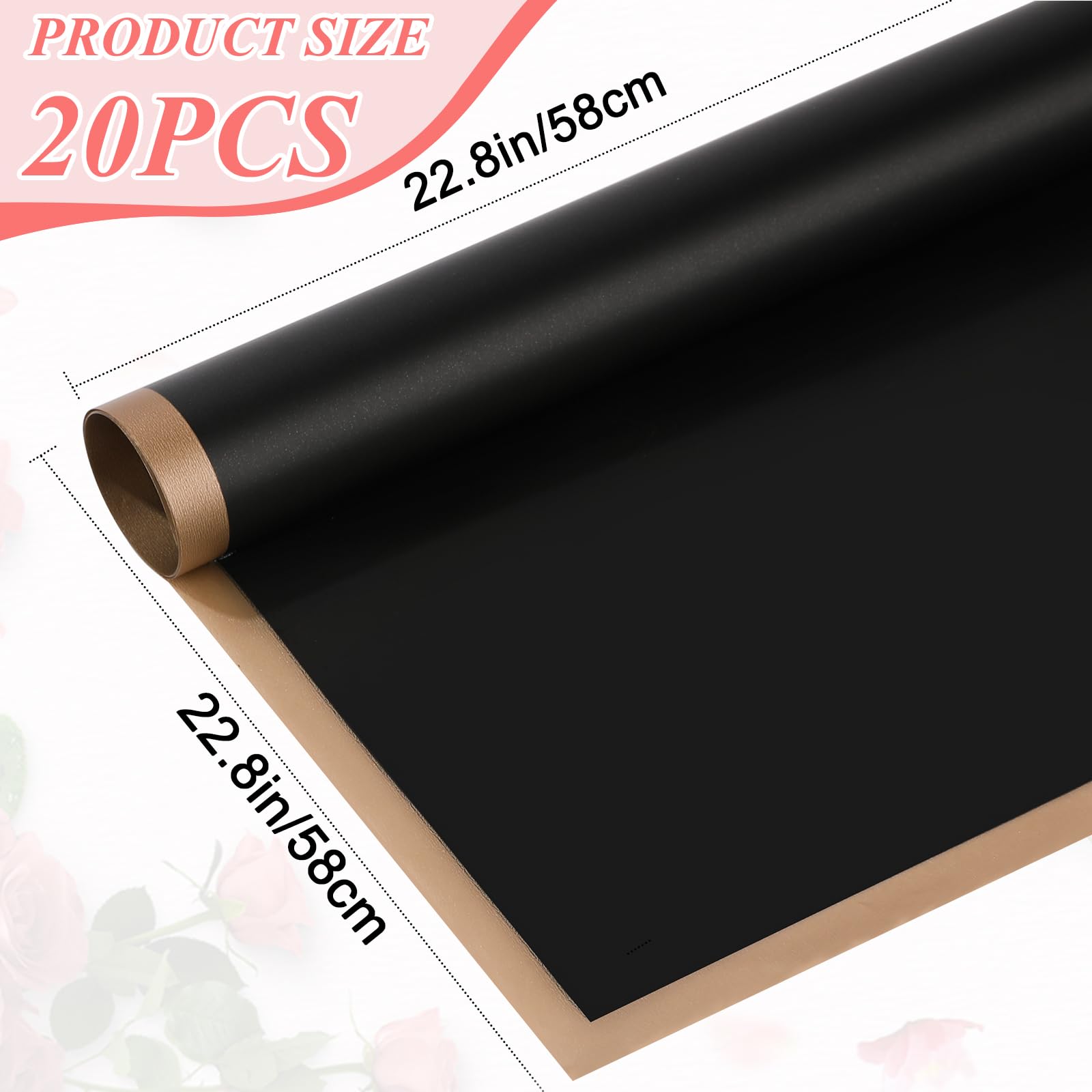 RowinsyDD 20 Sheets Black Flower Wrapping Paper, Waterproof Packaging Paper for Floral Bouquets, 22.8 x 22.8 inch Gift Packing Florist Supplies