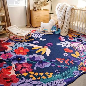 estmy boho vintage floral area rug 5x7 washable thin, aesthetic cute bedroom rugs colorful blue nursery rug modern abstract tropical accent rug floor carpet for kitchen dining living room