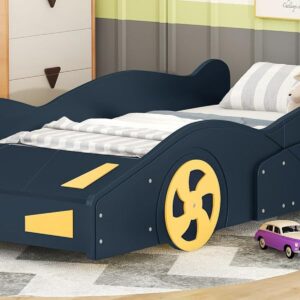 Twin Size Race Car-Shaped Platform Bed Frame for Boys Girls Kids Adults Toddler with Wheels and Storage, Dark Blue+Yellow