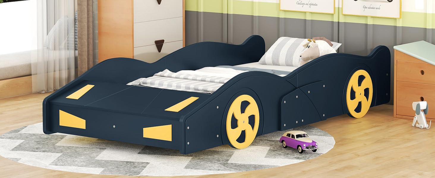 Twin Size Race Car-Shaped Platform Bed Frame for Boys Girls Kids Adults Toddler with Wheels and Storage, Dark Blue+Yellow