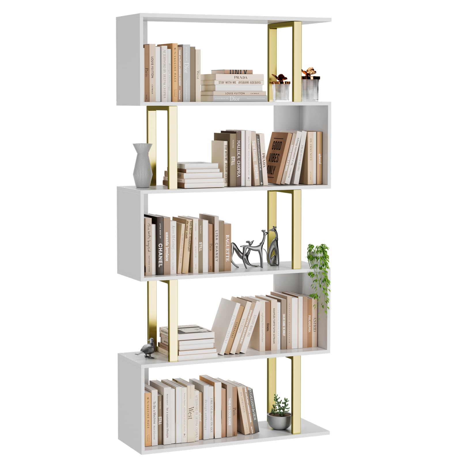 Gadroad 5 Tier Geometric Bookcase,S Shaped Bookshelf, Wood Decorative Storage Shelving, Modern Freestanding Display Shelves, Tall Book Shelf Unit for Living Room Bedroom, Gold