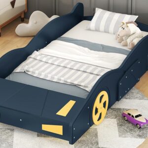 Twin Size Race Car-Shaped Platform Bed Frame for Boys Girls Kids Adults Toddler with Wheels and Storage, Dark Blue+Yellow