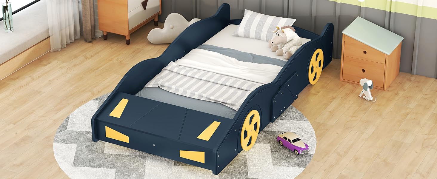 Twin Size Race Car-Shaped Platform Bed Frame for Boys Girls Kids Adults Toddler with Wheels and Storage, Dark Blue+Yellow