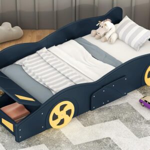 Twin Size Race Car-Shaped Platform Bed Frame for Boys Girls Kids Adults Toddler with Wheels and Storage, Dark Blue+Yellow