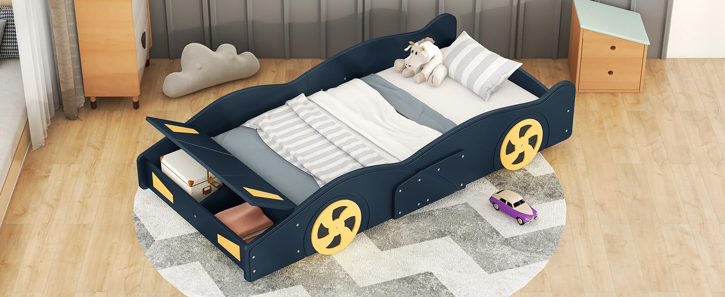 Twin Size Race Car-Shaped Platform Bed Frame for Boys Girls Kids Adults Toddler with Wheels and Storage, Dark Blue+Yellow