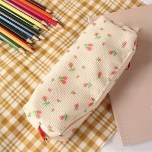 2 PCS Pink Strawberries Women Fresh Style Pencil Bag Flower Floral Canvas Large Pen Pencil Pouch Bag Pencil Case Pen Holder Coin Pouch, Simple Cosmetic Storage Bags Makeup Bag Office Stationery