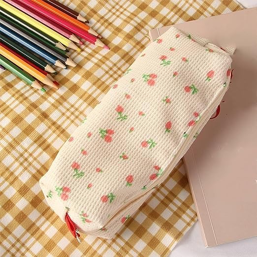 2 PCS Pink Strawberries Women Fresh Style Pencil Bag Flower Floral Canvas Large Pen Pencil Pouch Bag Pencil Case Pen Holder Coin Pouch, Simple Cosmetic Storage Bags Makeup Bag Office Stationery