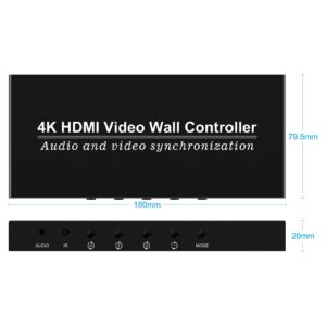 Video Wall Controller HDMI 1X4,Splicing Professional Processor with 4 HDMI+3.5mm Audio Output 180 Degree Rotate TV Wall Display 8 Splicing Modes 1x1, 1x2, 1x3, 1x4, 2x1, 3x1,4x1, 2x2