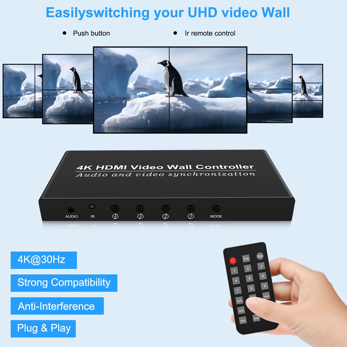 Video Wall Controller HDMI 1X4,Splicing Professional Processor with 4 HDMI+3.5mm Audio Output 180 Degree Rotate TV Wall Display 8 Splicing Modes 1x1, 1x2, 1x3, 1x4, 2x1, 3x1,4x1, 2x2