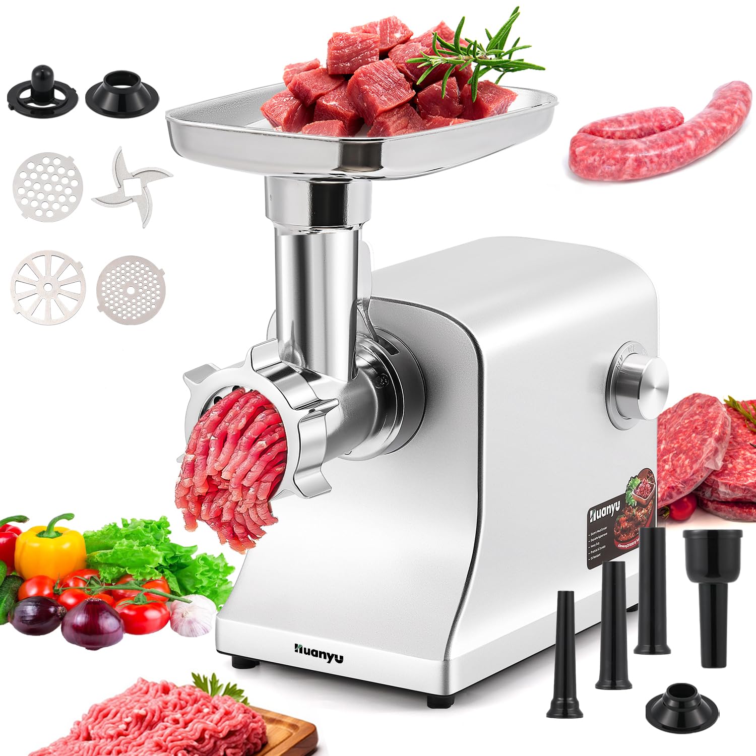 Huanyu Meat Grinder Electric 2800W Max Meat Mincer with Stainless Steel Blade&3 Plates, 3 Sausage Stuffers, Kubbe Kits Heavy Duty Food Grinding Machine for Home Kitchen & Commercial Using