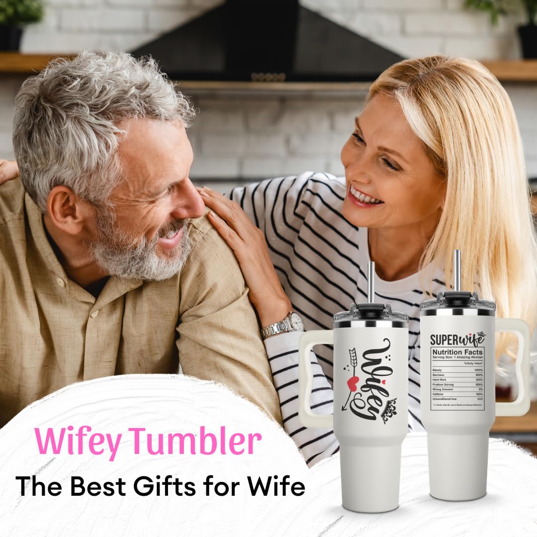 Christmas Gifts For Wife From Husband - Wife Tumbler 40Oz, Wife Gift on Birthday, Anniversary, Valentines, Present Idea for Wifey, Cool Wedding Coffee Cup with Straw and Handle, Drinking Mug for Women