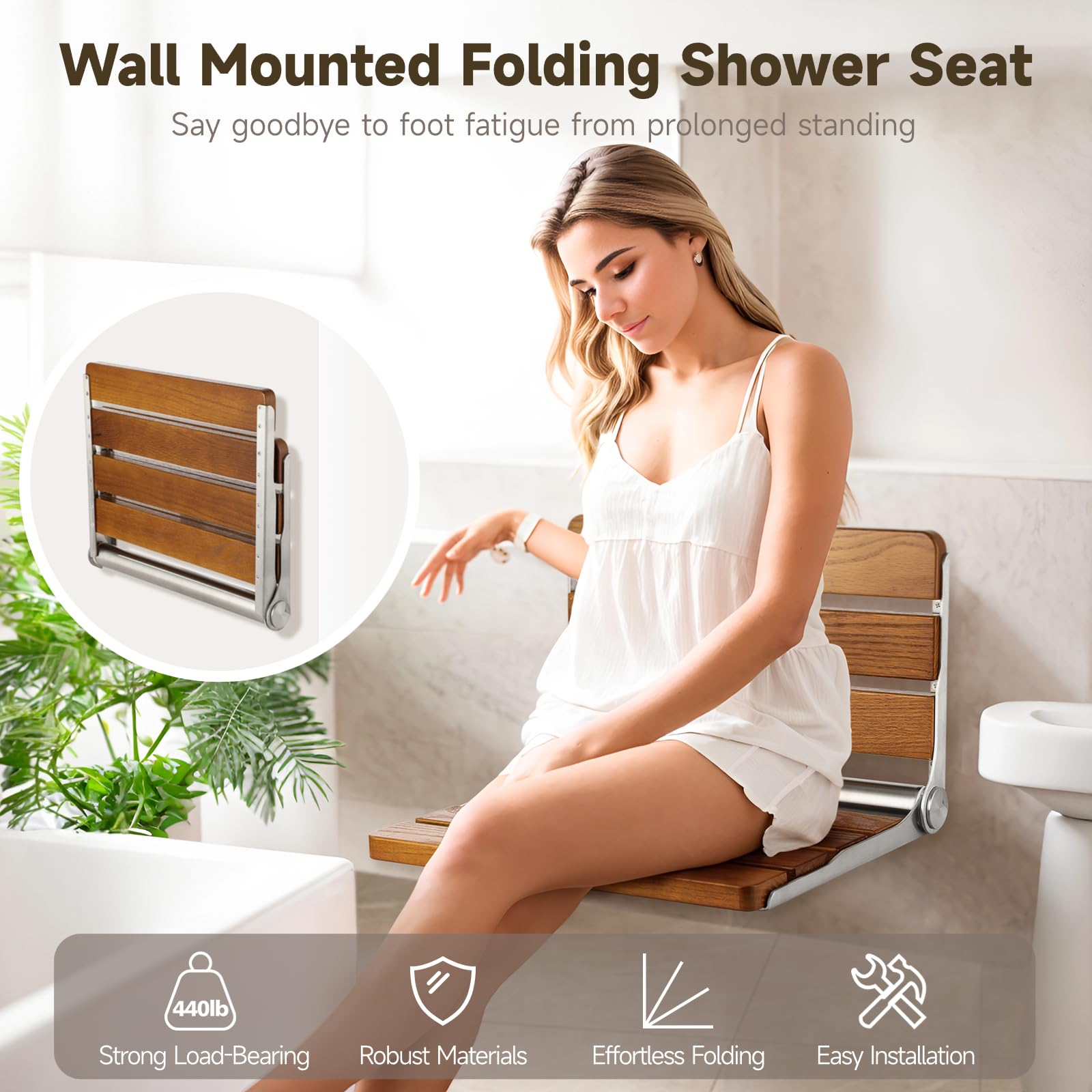 Folding Teak Shower Seat Wall Mounted, Hybodies Waterproof Wood Shower Bench, Wall Mounted Fold Down Wood Stool, Home Care Shower Chair Bench for Pregnants Seniors, Maximum Load 440lb