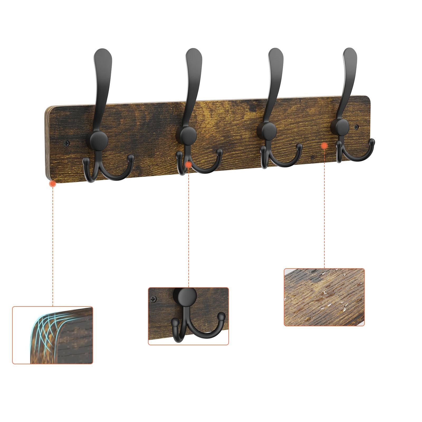 YMYNY Coat Rack Wall Mounted with 8 Hooks, 33.1" L Coat Hooks, 2 Pack Coat Hanger, Heavy Duty Wall Floating Rack, for Entryway, Kitchen, Bedroom, Bathroom, Rustic Brown UHWS005H-2