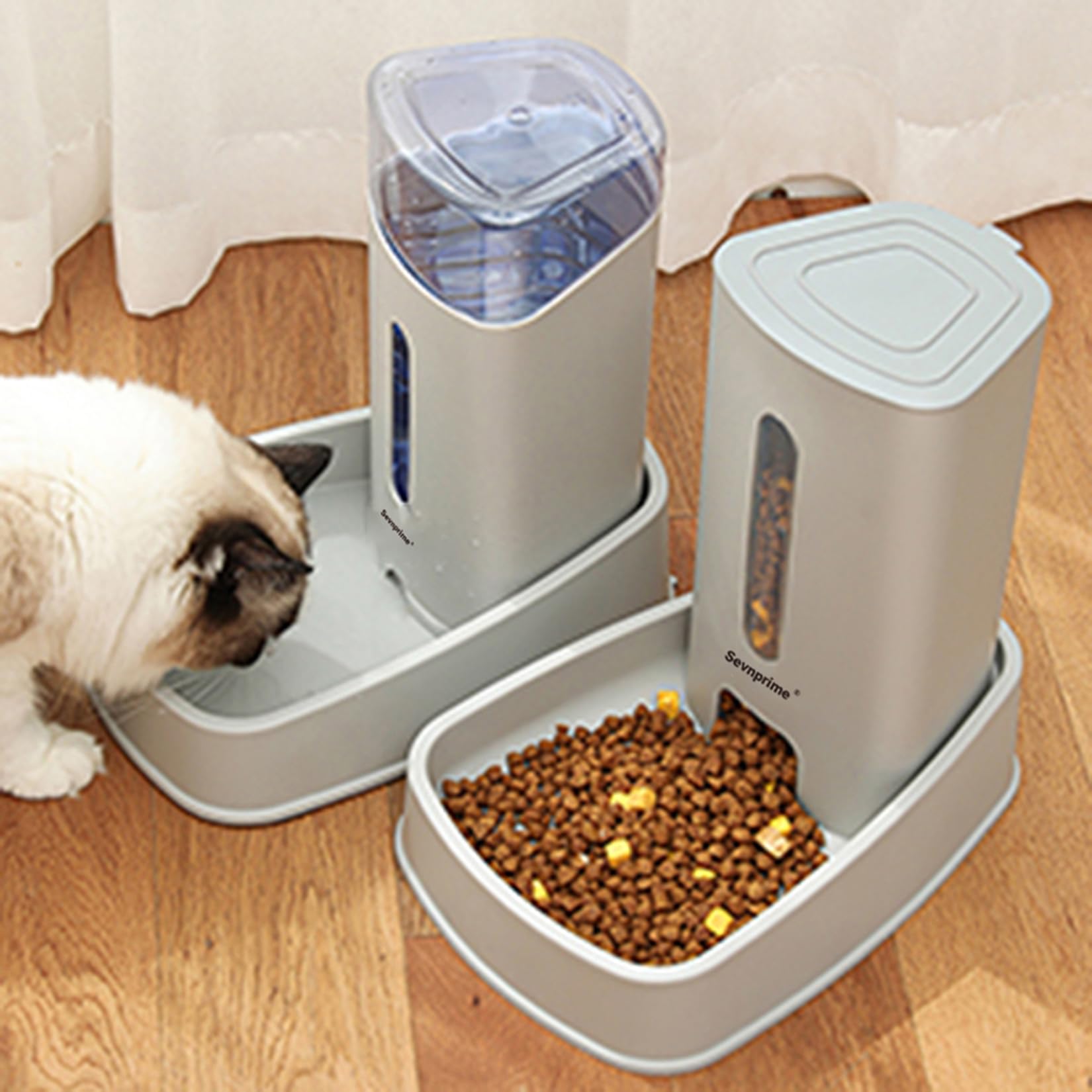 SEVNPRIME Automatic Self-Dispensing Cat & Dog Feeder and Waterer Set, 3.8L Capacity, Gray, for Small to Medium Pets, Dimensions 12.8in x 7.87in x 12.2in