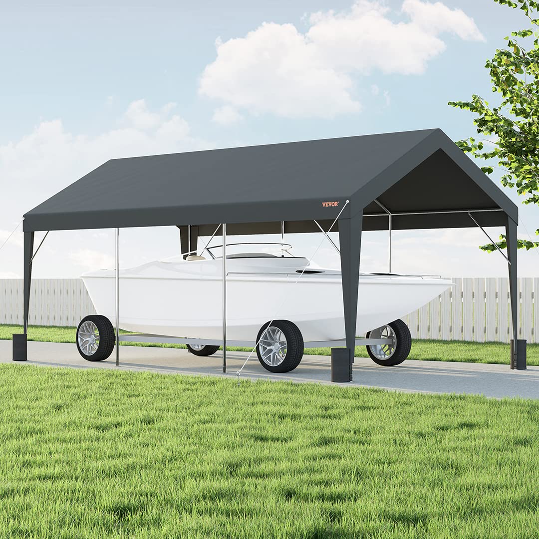 VEVOR Upgraded 10x20 ft Heavy Duty Carport Car Canopy, Car Port Garage Boat Shelter Party Tent with 8 Reinforced Poles and 4 Weight Bags, UV Resistant Waterproof Tarp for SUV, Truck, Boat