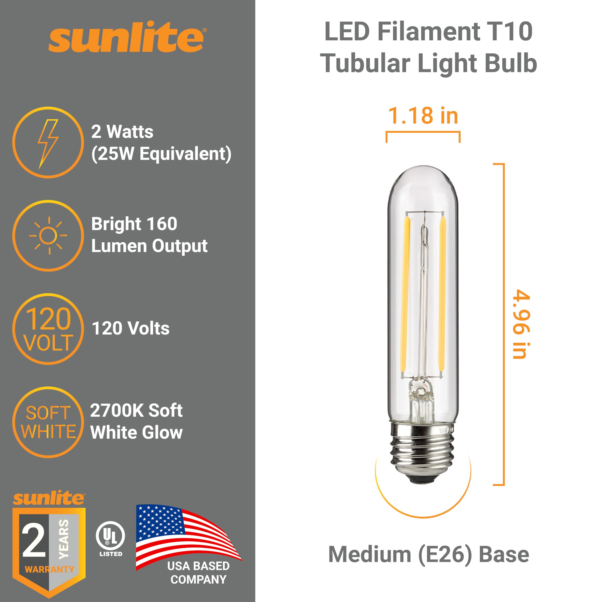 Sunlite LED Filament T10 Tubular Light Bulb, 2 Watts (25W Equivalent), 160 Lumens, Medium E26 Base, 120 Volts, Dimmable, 90 CRI, UL Listed, Clear, 2700K Soft White, 1 Pack