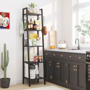 YMYNY 5 Tiers Ladder Bookcase, Industrial Narrow Bookshelf, Open Display Rack with 4 S Hooks, Metal Storage Shelves for Bedroom, Home Office, Living Room, Black, 63H*13.4L*11.8W, UHBC025B