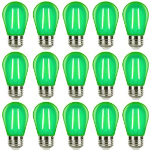 zhzhled green s14 led bulbs 2 watt replacement bulbs for outdoor string lights, shatterproof waterproof e26 base vintage led filament green light bulbs for christmas halloween decoration, 15 pack