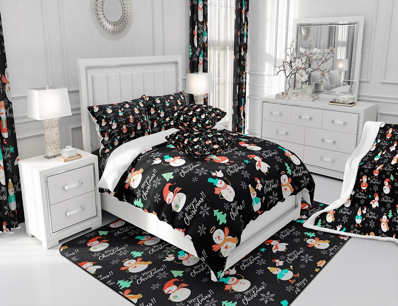 Feelyou Merry Christmas Tree and Snowman Bedding Set for Kids Boys Girls Snowflake Comforter Cover Set Queen Size Merry Christmas Duvet Cover Bedroom Decor Bedspread Cover Bedding Collection 3Pcs