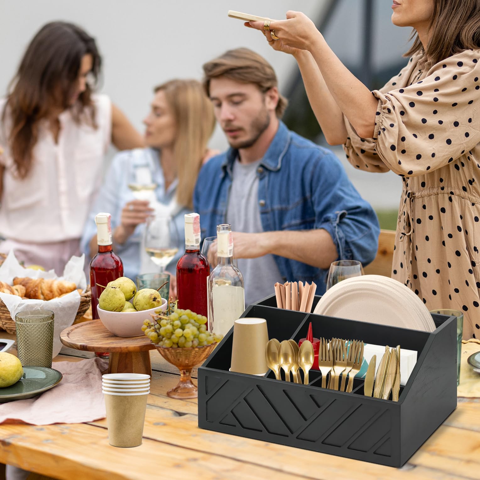 Paper Plate Dispenser, Paper Plate Holder for Kitchen Counter, Wood Rustic Silverware Utensil Caddy, Cutlery Flatware Organizer Box for Cups Spoons Forks Plates Napkins, Kitchen Accessories (Black)