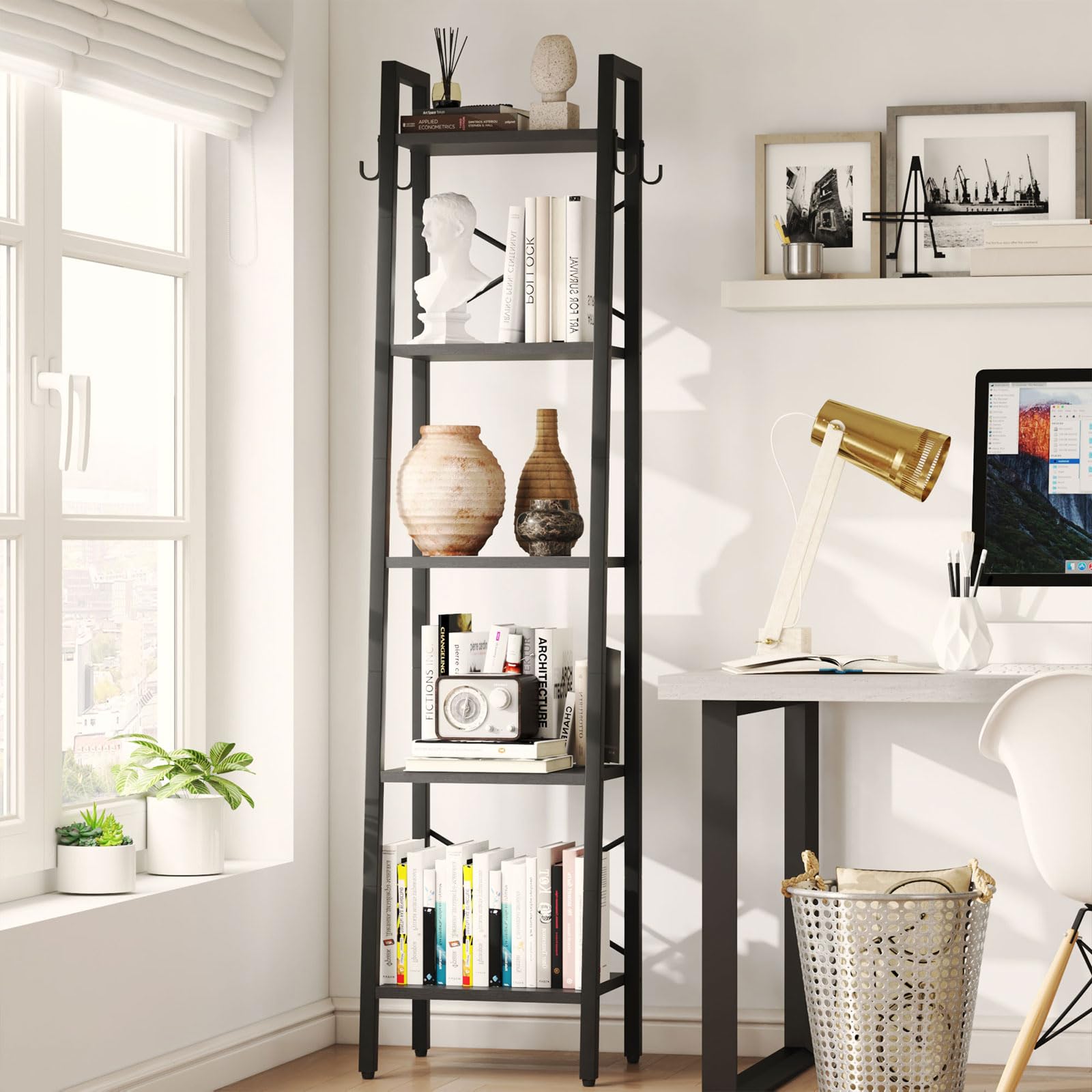 YMYNY 5 Tiers Ladder Bookcase, Industrial Narrow Bookshelf, Open Display Rack with 4 S Hooks, Metal Storage Shelves for Bedroom, Home Office, Living Room, Black, 63H*13.4L*11.8W, UHBC025B