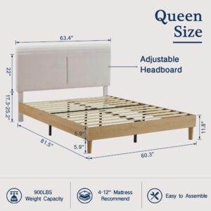 VECELO Queen Bed Frame Upholstered Platform Beds with Height-Adjustable Cotton and Linen Headboard, Heavy Duty Wood Slats, 6" Under-Bed Space, Noise-Free, No Box Spring Needed,Easy Assembly