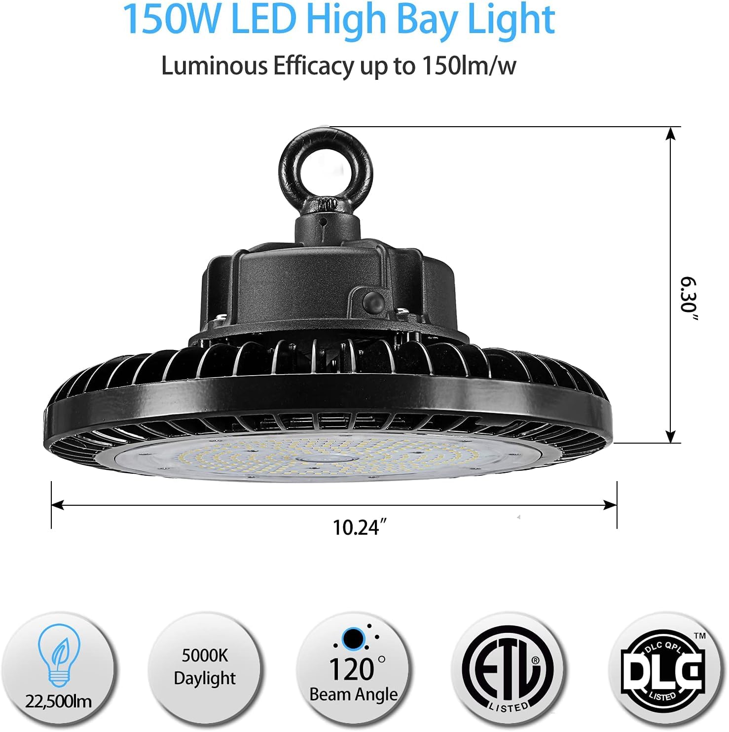 Qmix 150W High Bay LED Light, 22500 Lumens 5000K Daylight UFO High Bay Shop Light, Equivalent to 600W MH/HPS, DLC ETL Listed IP65 Waterproof Commercial Bay Lighting