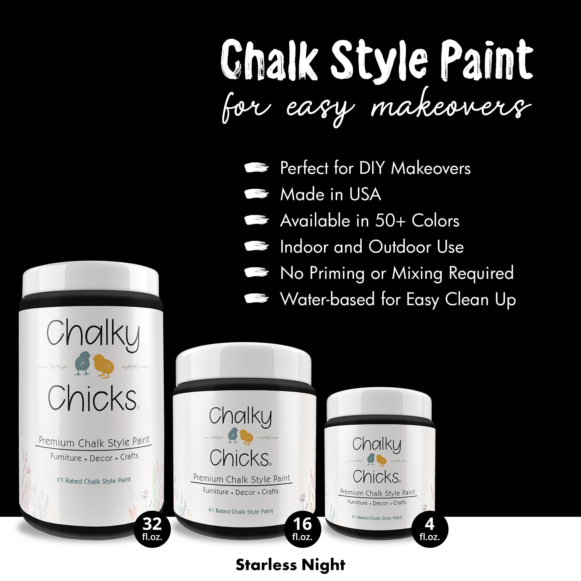 Chalky Chicks Chalk Paint - Chalk Paint for Furniture, Craft Paint, Cabinet Paint, Wood Paint, and Furniture Paint, Spray Paint-Ready for Home Decor - Starless Night (Black) 4 Fl Oz (Pack of 1)