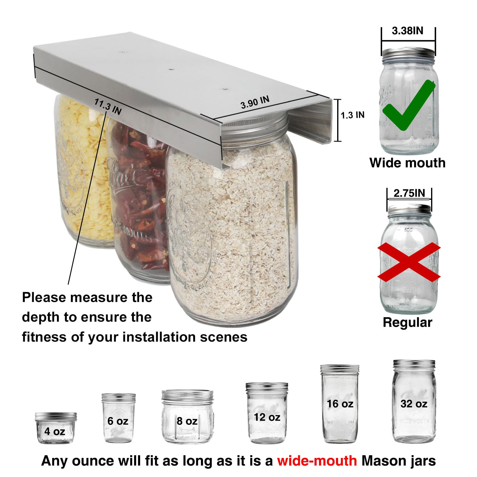 lopeztek Mason Jars Organizer, Canning Rack for 4 8 12 16 24 32 64 oz, Under Cabinet and Pantry Food Storage Hanger Accessories(2Pcs-Wide Mouth-Long)